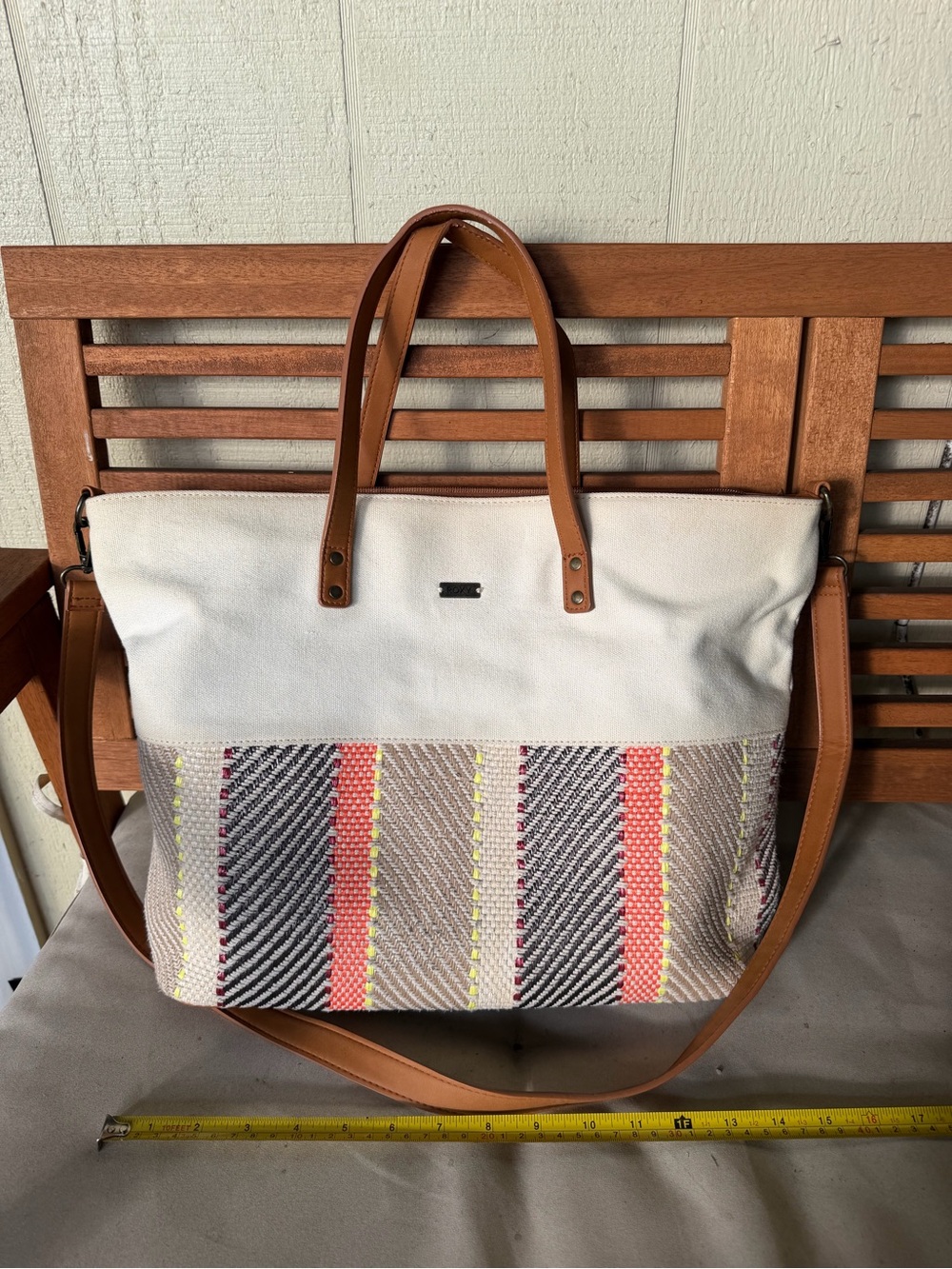 Roxy Canvas Tote w/ Tan Leather Straps | Multicolor Woven Embroidered Panel